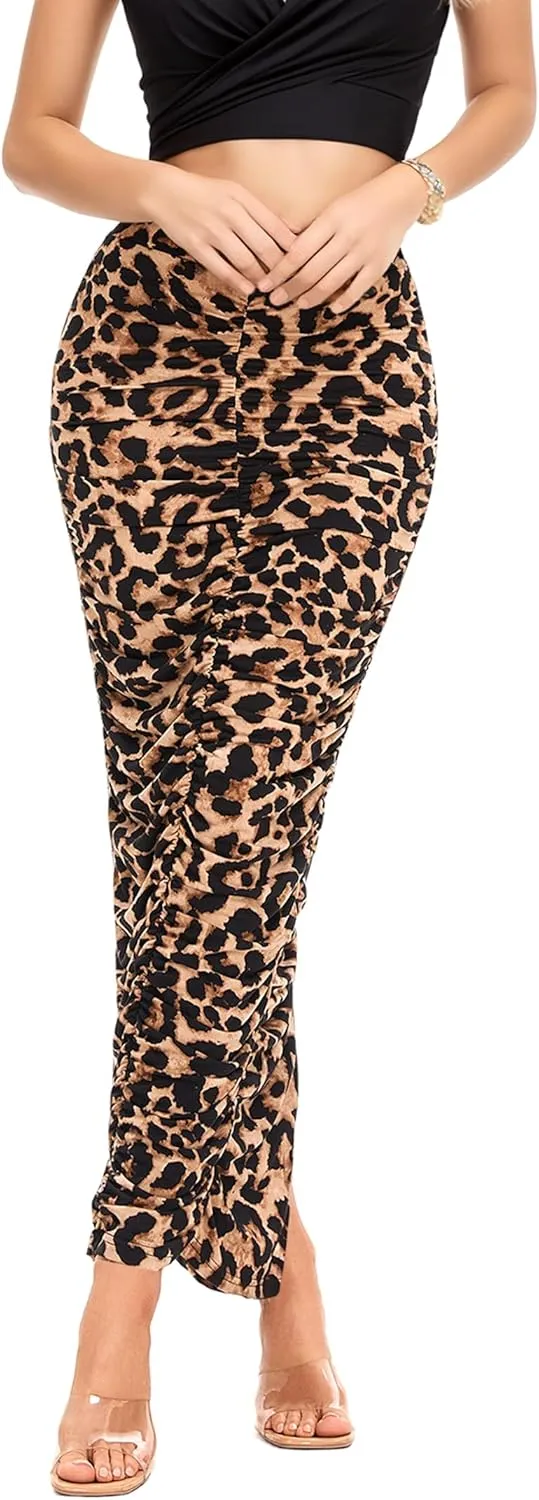Leopard Print Skirts for Women, Womens Long Length Midi High Waist Elastic Skirts