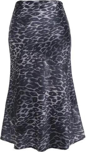 Leopard Skirts for Women Midi Long Length High Waist Cheetah Skirts Satin Silk Elastic Skirts