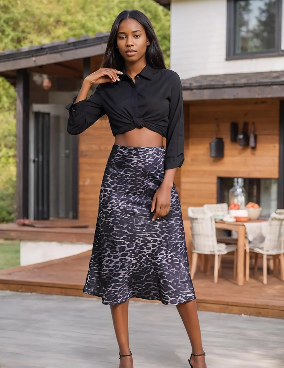 Leopard Skirts for Women Midi Long Length High Waist Cheetah Skirts Satin Silk Elastic Skirts