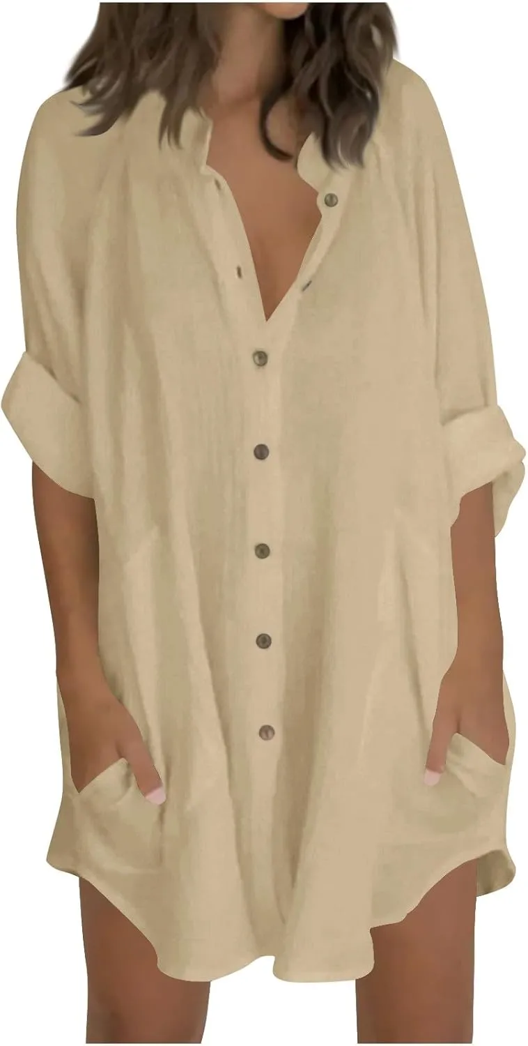 Linen Dress for Women Cotton Button Down Short Sleeve Tshirt Dresses Casual Loose Flowy V Neck Mini Beach Dress