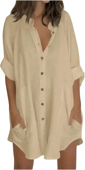 Linen Dress for Women Cotton Button Down Short Sleeve Tshirt Dresses Casual Loose Flowy V Neck Mini Beach Dress