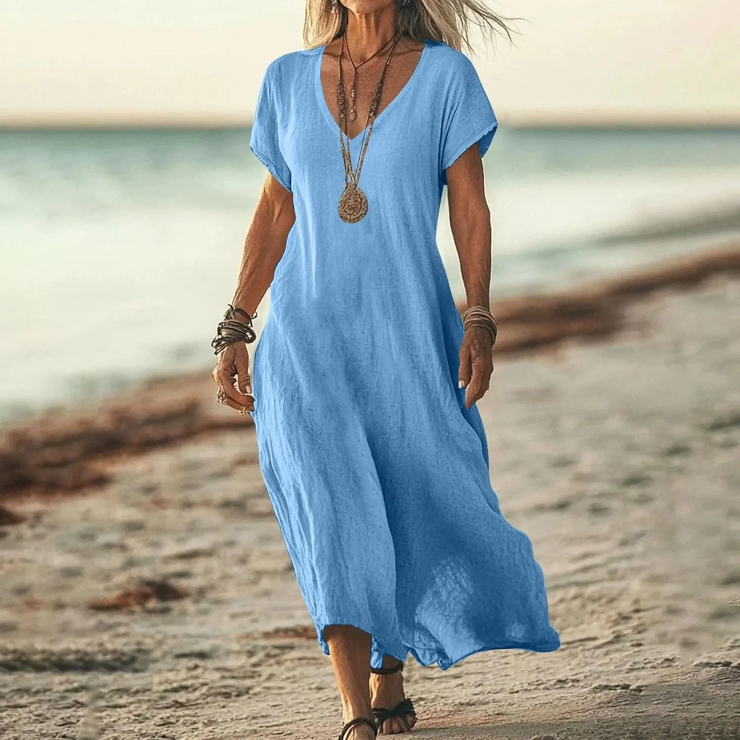 Linen Dresses for Women 2025 Trendy Flowy Sundresses Loose Fit Cotton Maxi Dress Summer Beach Vacation Casual Dress
