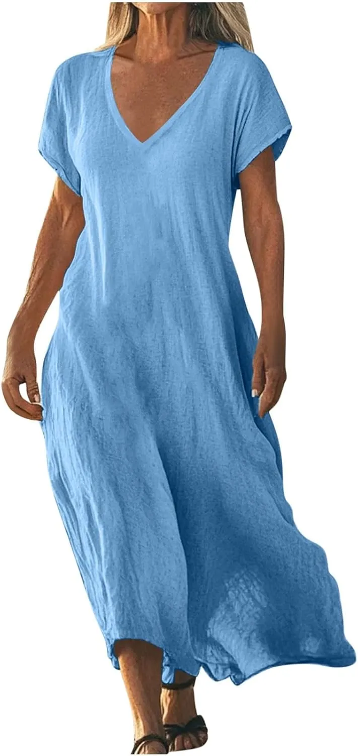 Linen Dresses for Women 2025 Trendy Flowy Sundresses Loose Fit Cotton Maxi Dress Summer Beach Vacation Casual Dress
