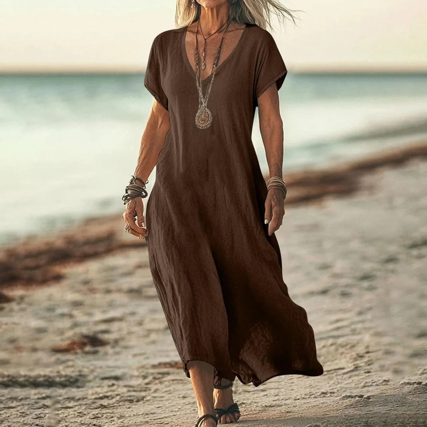Linen Dresses for Women 2025 Trendy Flowy Sundresses Loose Fit Cotton Maxi Dress Summer Beach Vacation Casual Dress