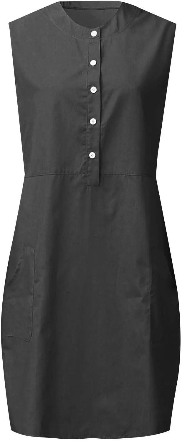 Linen Mini Dresses for Women Casual Summer Beach Sleeveless Sundresses Button Down Flowy Tank Dresses Vacation 2025