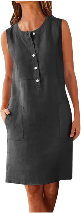 Linen Mini Dresses for Women Casual Summer Beach Sleeveless Sundresses Button Down Flowy Tank Dresses Vacation 2025