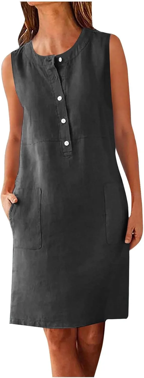 Linen Mini Dresses for Women Casual Summer Beach Sleeveless Sundresses Button Down Flowy Tank Dresses Vacation 2025
