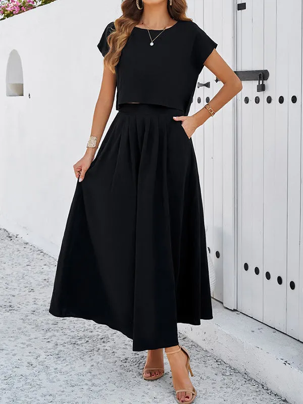 Loose Solid Color Round-Neck T-Shirt Top   Pleated Pockets A-Line Skirts Bottom Two Pieces Set
