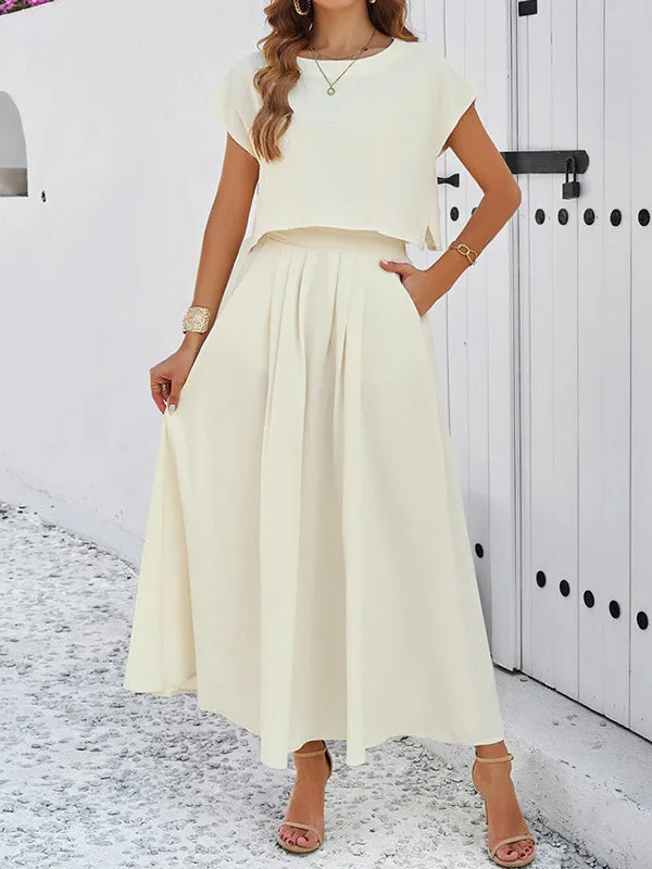 Loose Solid Color Round-Neck T-Shirt Top   Pleated Pockets A-Line Skirts Bottom Two Pieces Set