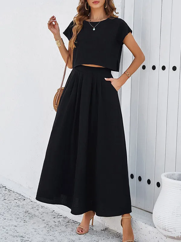Loose Solid Color Round-Neck T-Shirt Top   Pleated Pockets A-Line Skirts Bottom Two Pieces Set
