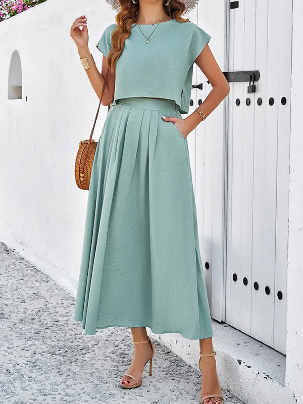 Loose Solid Color Round-Neck T-Shirt Top   Pleated Pockets A-Line Skirts Bottom Two Pieces Set