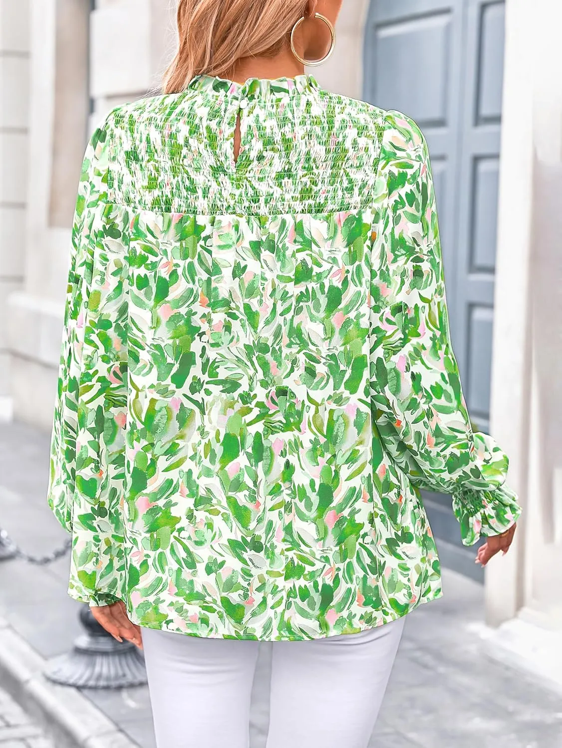 MASCOMODA Womens Blouses 2025 Spring Boho Floral Ruffle High Neck Long Sleeve Tops Dressy Casual Smocked Chiffon Work Shirts