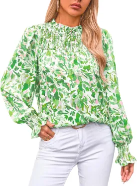 MASCOMODA Womens Blouses 2025 Spring Boho Floral Ruffle High Neck Long Sleeve Tops Dressy Casual Smocked Chiffon Work Shirts