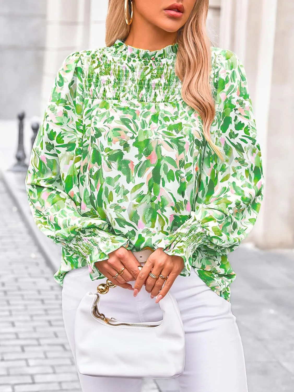 MASCOMODA Womens Blouses 2025 Spring Boho Floral Ruffle High Neck Long Sleeve Tops Dressy Casual Smocked Chiffon Work Shirts