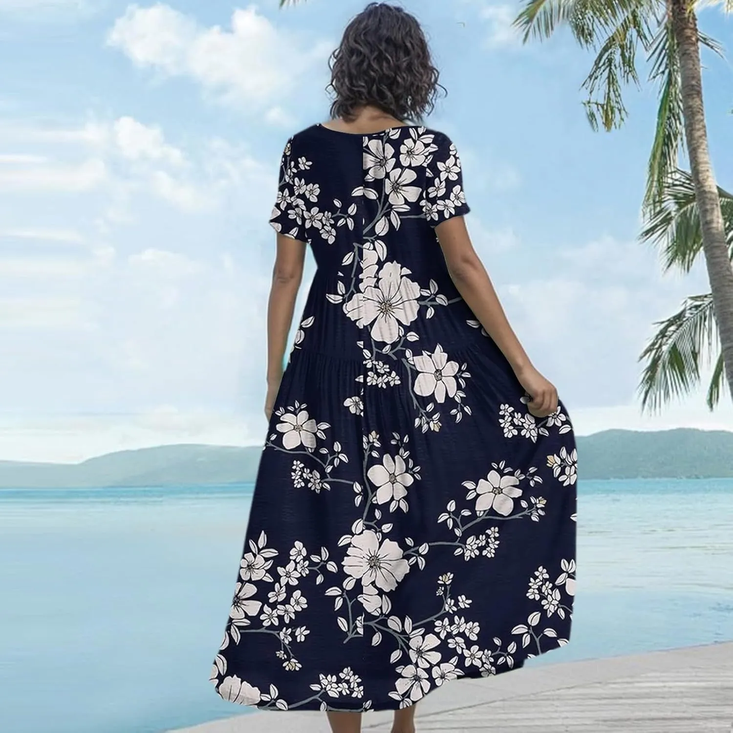 Maxi Dresses for Women 2025 Floral Print Plus Size Short Sleeve A-Line Dress Trendy V Neck High Waist Prom Dress