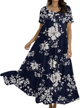 Maxi Dresses for Women 2025 Floral Print Plus Size Short Sleeve A-Line Dress Trendy V Neck High Waist Prom Dress