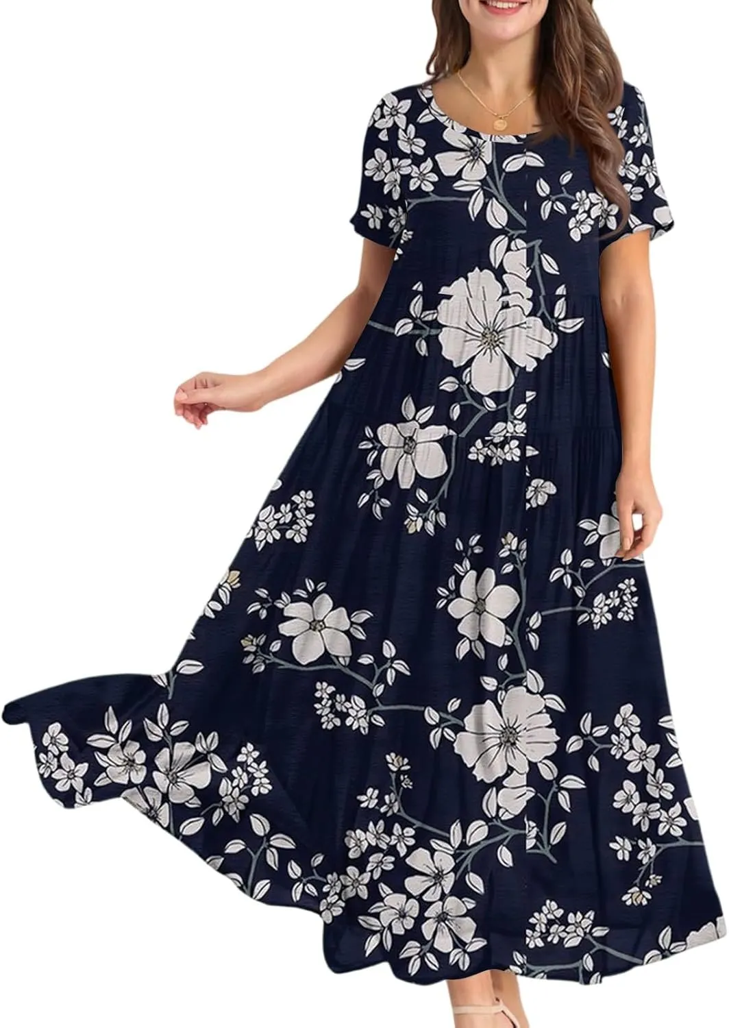 Maxi Dresses for Women 2025 Floral Print Plus Size Short Sleeve A-Line Dress Trendy V Neck High Waist Prom Dress