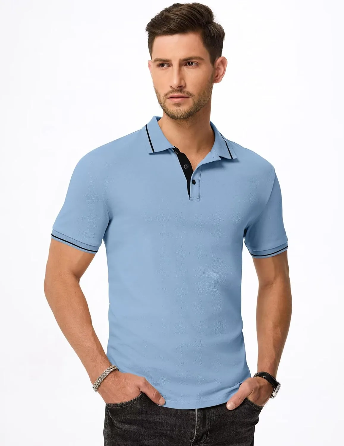 Men's Polo Shirts Classic Fit Button Up Short Sleeve Basic Cotton Tees Golf Work Tops