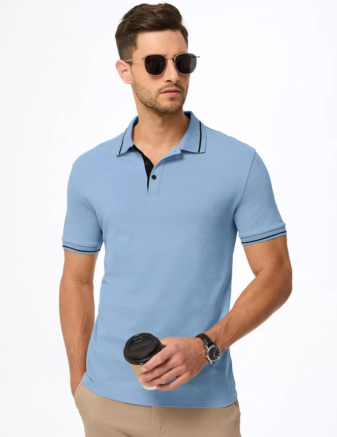 Men's Polo Shirts Classic Fit Button Up Short Sleeve Basic Cotton Tees Golf Work Tops