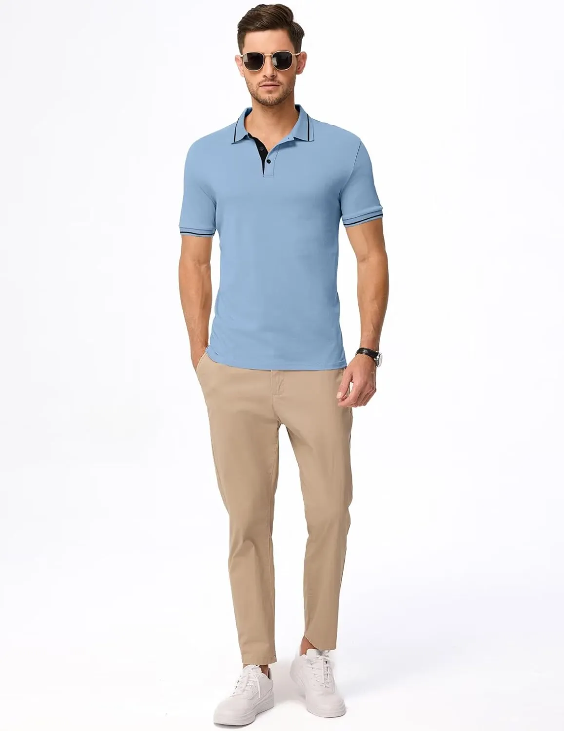 Men's Polo Shirts Classic Fit Button Up Short Sleeve Basic Cotton Tees Golf Work Tops
