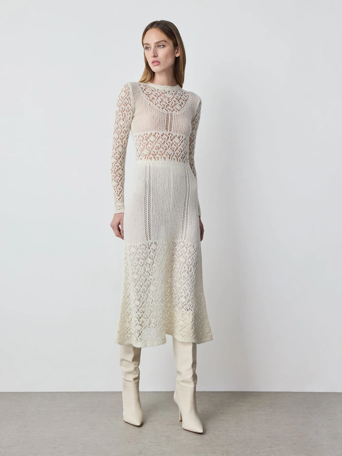 Open Knit Cashmere Dress in Ecru