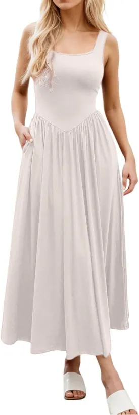 Plus Size Dresses for Curvy Women Casual Sleeveless Crewneck Sundress Aline Flowy Tiered Maxi Long Vacation Dress