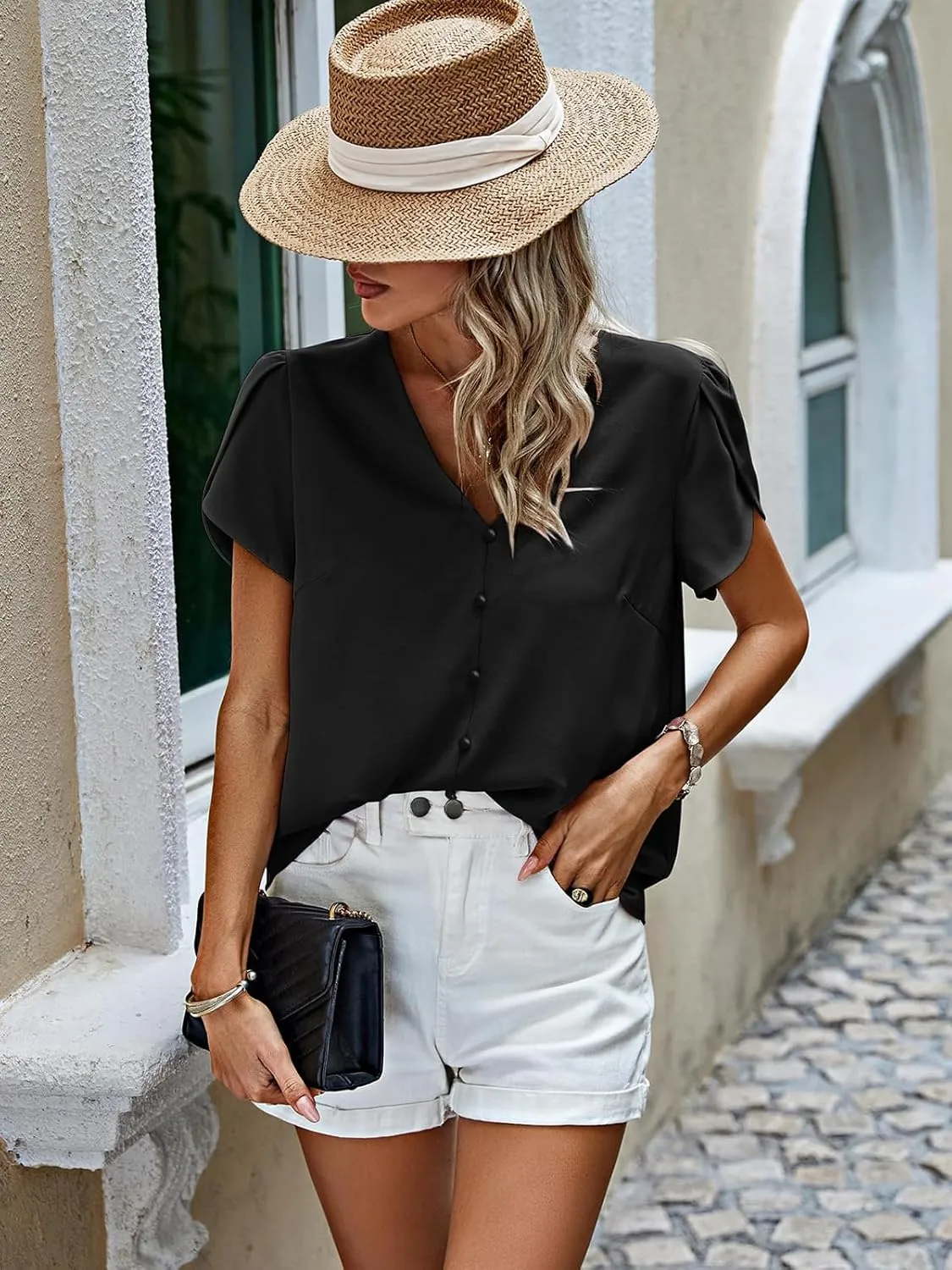 PRETTYGARDEN Short Sleeve Tops for Women 2025 Summer Spring Western Chiffon Blouses Dressy Casual Work Pearl Shirts