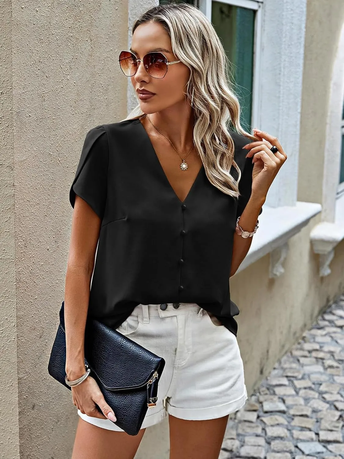 PRETTYGARDEN Short Sleeve Tops for Women 2025 Summer Spring Western Chiffon Blouses Dressy Casual Work Pearl Shirts