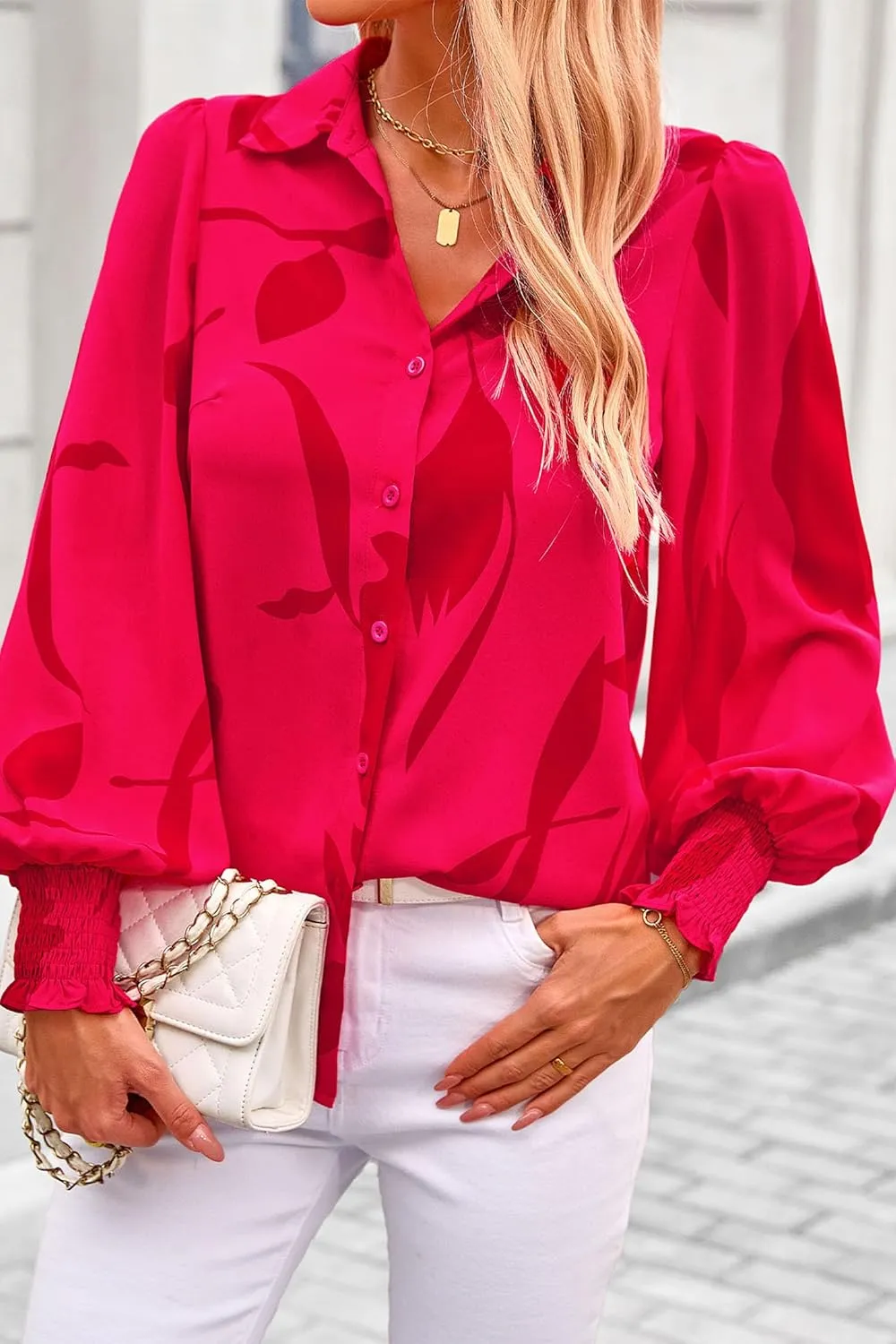 PRETTYGARDEN Womens Button Down Shirt V Neck Printed Long Sleeve Blouses Dressy Casual Fall Boho Tops