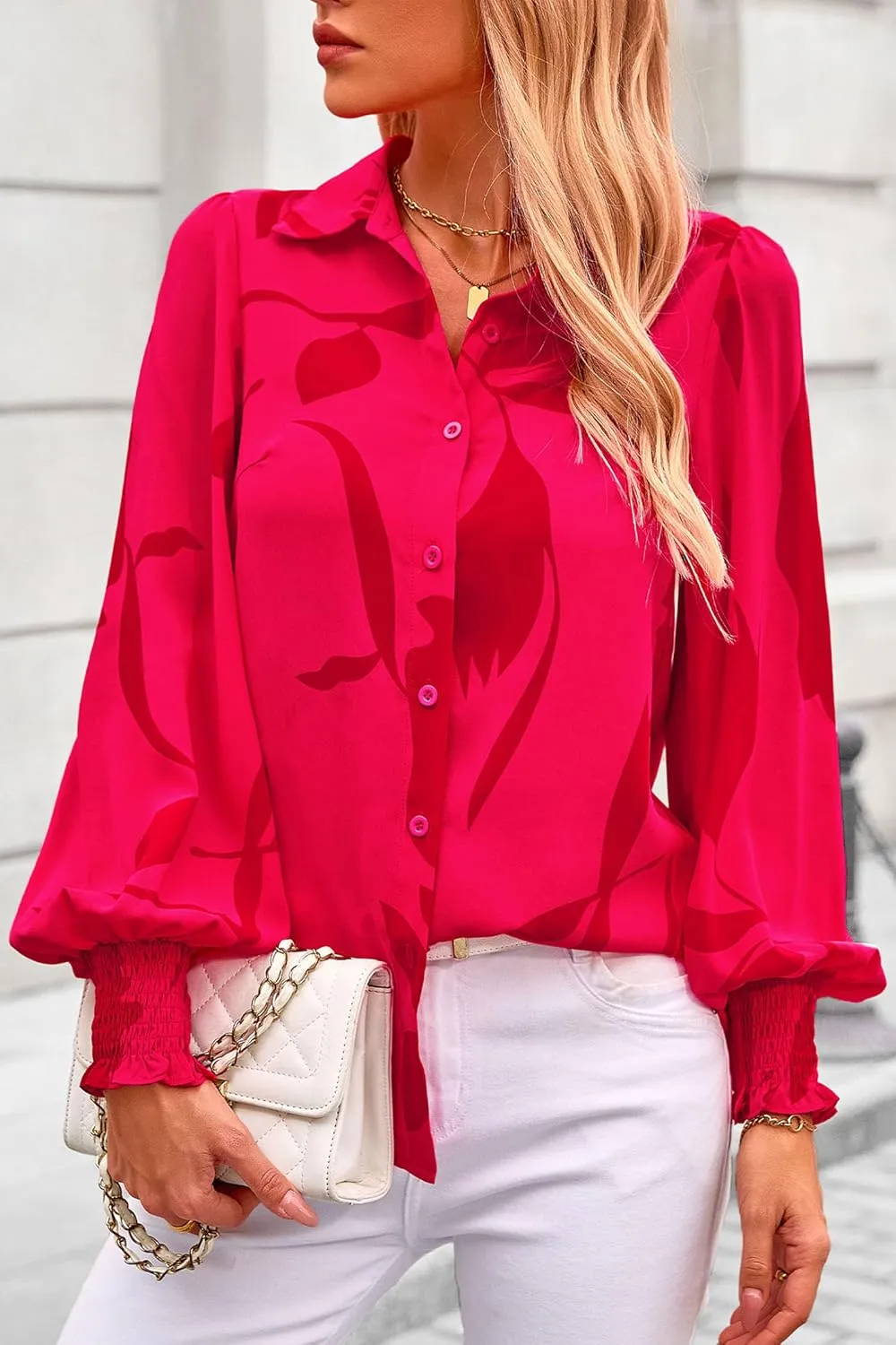 PRETTYGARDEN Womens Button Down Shirt V Neck Printed Long Sleeve Blouses Dressy Casual Fall Boho Tops