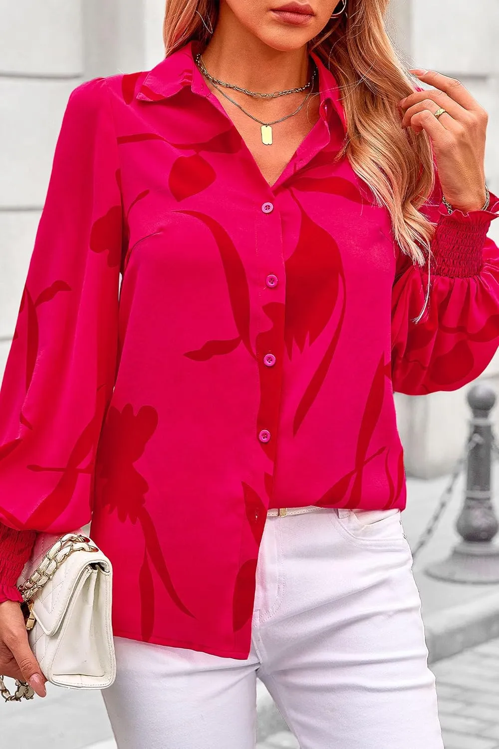 PRETTYGARDEN Womens Button Down Shirt V Neck Printed Long Sleeve Blouses Dressy Casual Fall Boho Tops