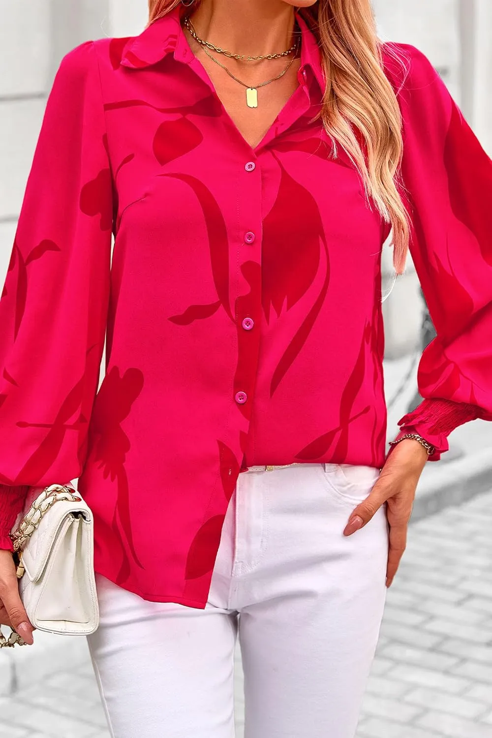 PRETTYGARDEN Womens Button Down Shirt V Neck Printed Long Sleeve Blouses Dressy Casual Fall Boho Tops