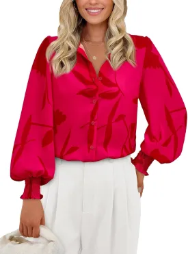 PRETTYGARDEN Womens Button Down Shirt V Neck Printed Long Sleeve Blouses Dressy Casual Fall Boho Tops