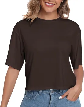PRIMODA Women's Half Sleeve Loose Cropped T Shirts Drop Shoulder Crew Neck Crop Tops Basic Casual Tee Shirts