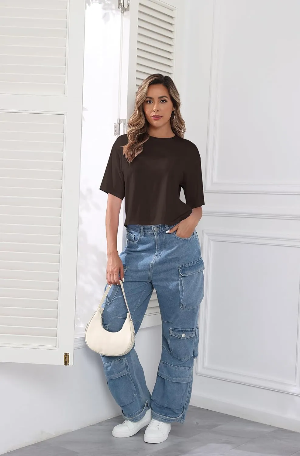 PRIMODA Women's Half Sleeve Loose Cropped T Shirts Drop Shoulder Crew Neck Crop Tops Basic Casual Tee Shirts