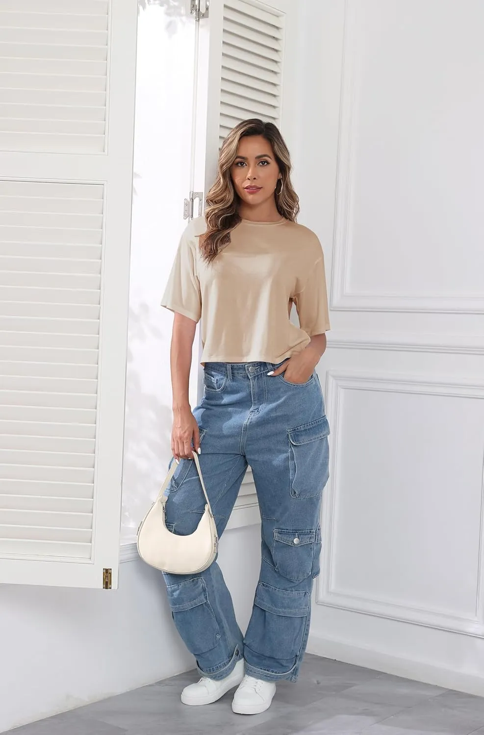 PRIMODA Women's Half Sleeve Loose Cropped T Shirts Drop Shoulder Crew Neck Crop Tops Basic Casual Tee Shirts