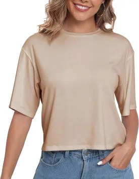 PRIMODA Women's Half Sleeve Loose Cropped T Shirts Drop Shoulder Crew Neck Crop Tops Basic Casual Tee Shirts