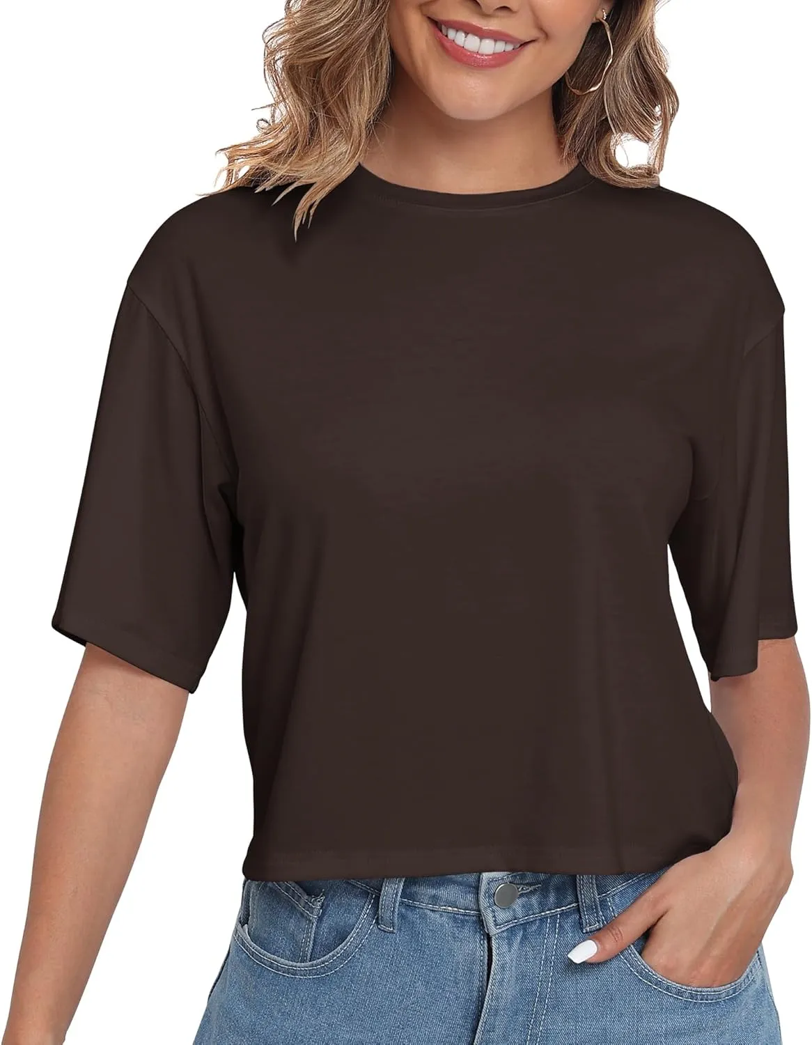 PRIMODA Women's Half Sleeve Loose Cropped T Shirts Drop Shoulder Crew Neck Crop Tops Basic Casual Tee Shirts