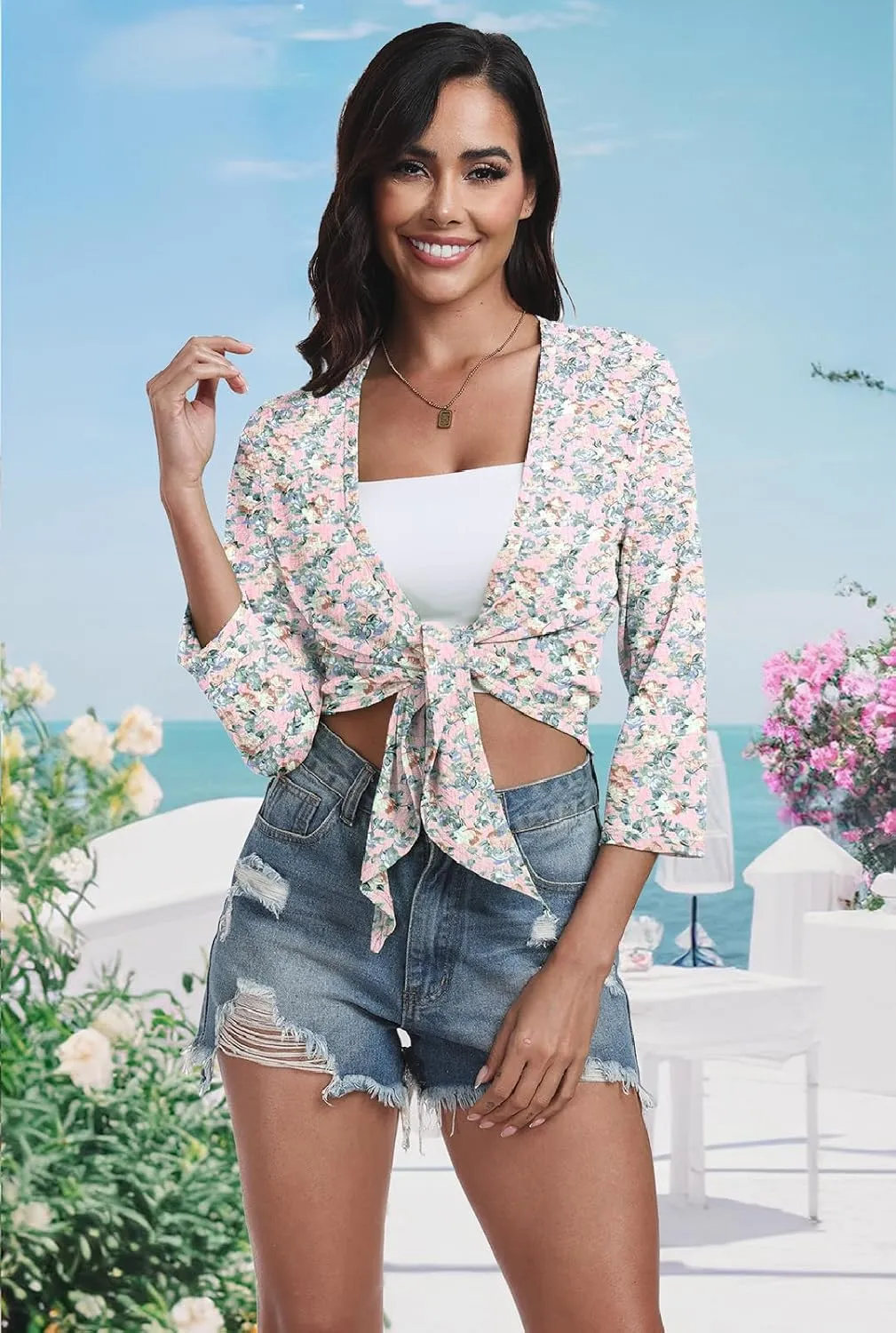 PrinStory Women's Tie Front Shrug 3/4 Sleeve Bolero Cardigan Lightweight Summer Casual Short Shawl Top