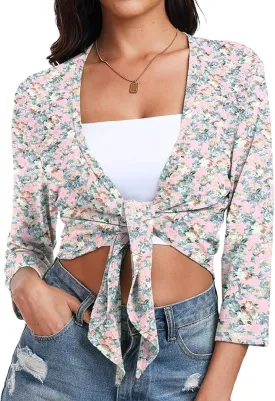 PrinStory Women's Tie Front Shrug 3/4 Sleeve Bolero Cardigan Lightweight Summer Casual Short Shawl Top
