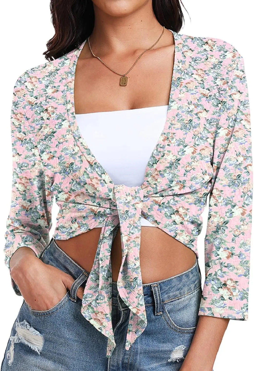 PrinStory Women's Tie Front Shrug 3/4 Sleeve Bolero Cardigan Lightweight Summer Casual Short Shawl Top