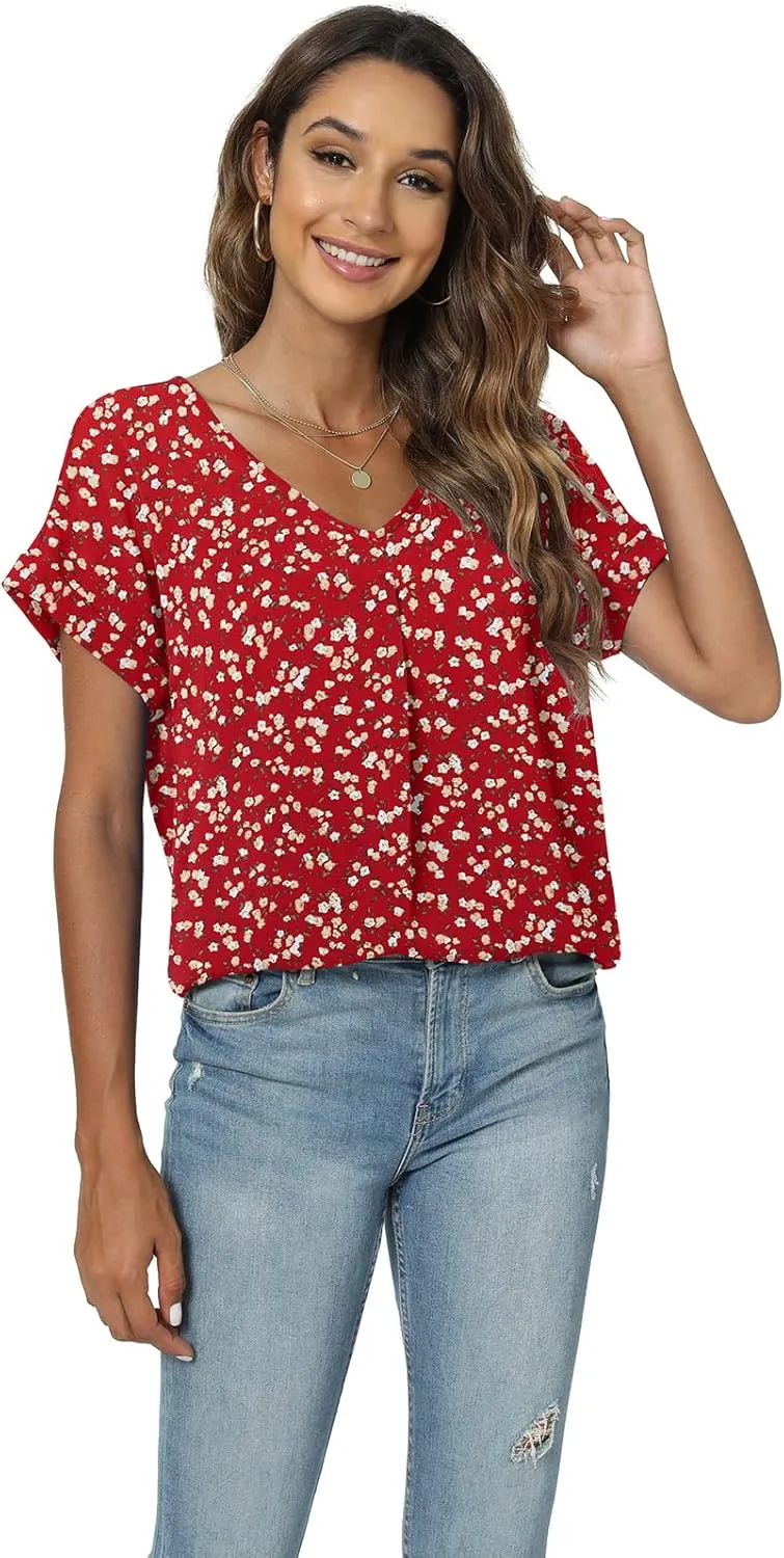 QUEZHU Summer Blouses for Women Elegant Casual V Neck Chiffon Blouses Tops Shirts