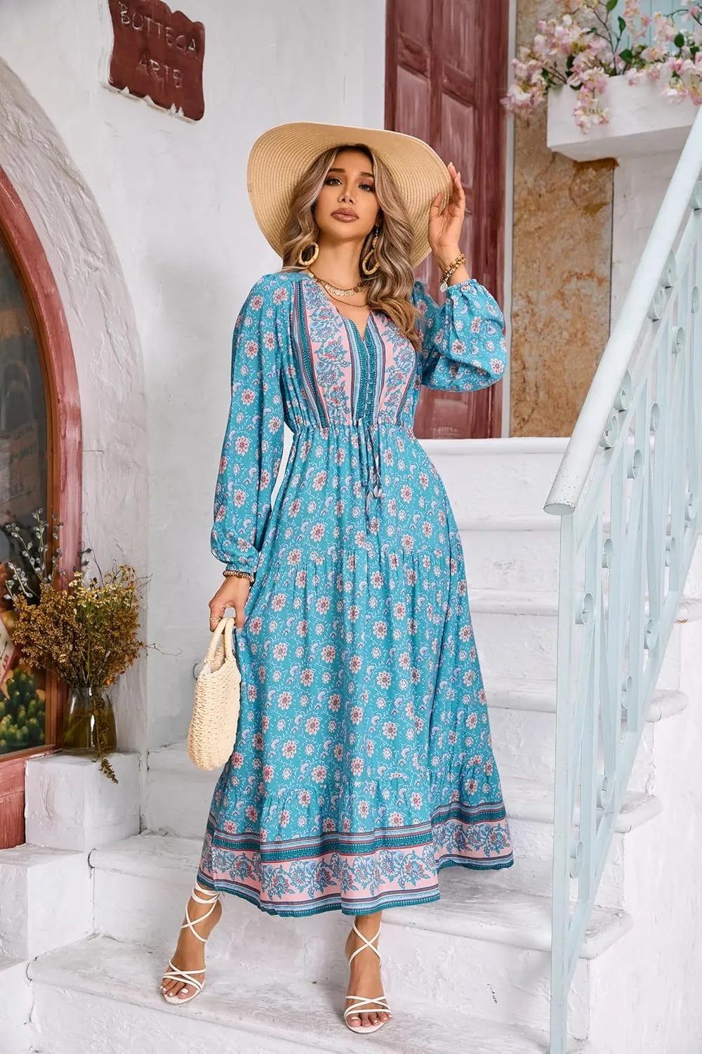 R.Vivimos Women's Long Sleeve Cotton V-Neck Button Up Floral Print Boho Flowy Midi Dresses