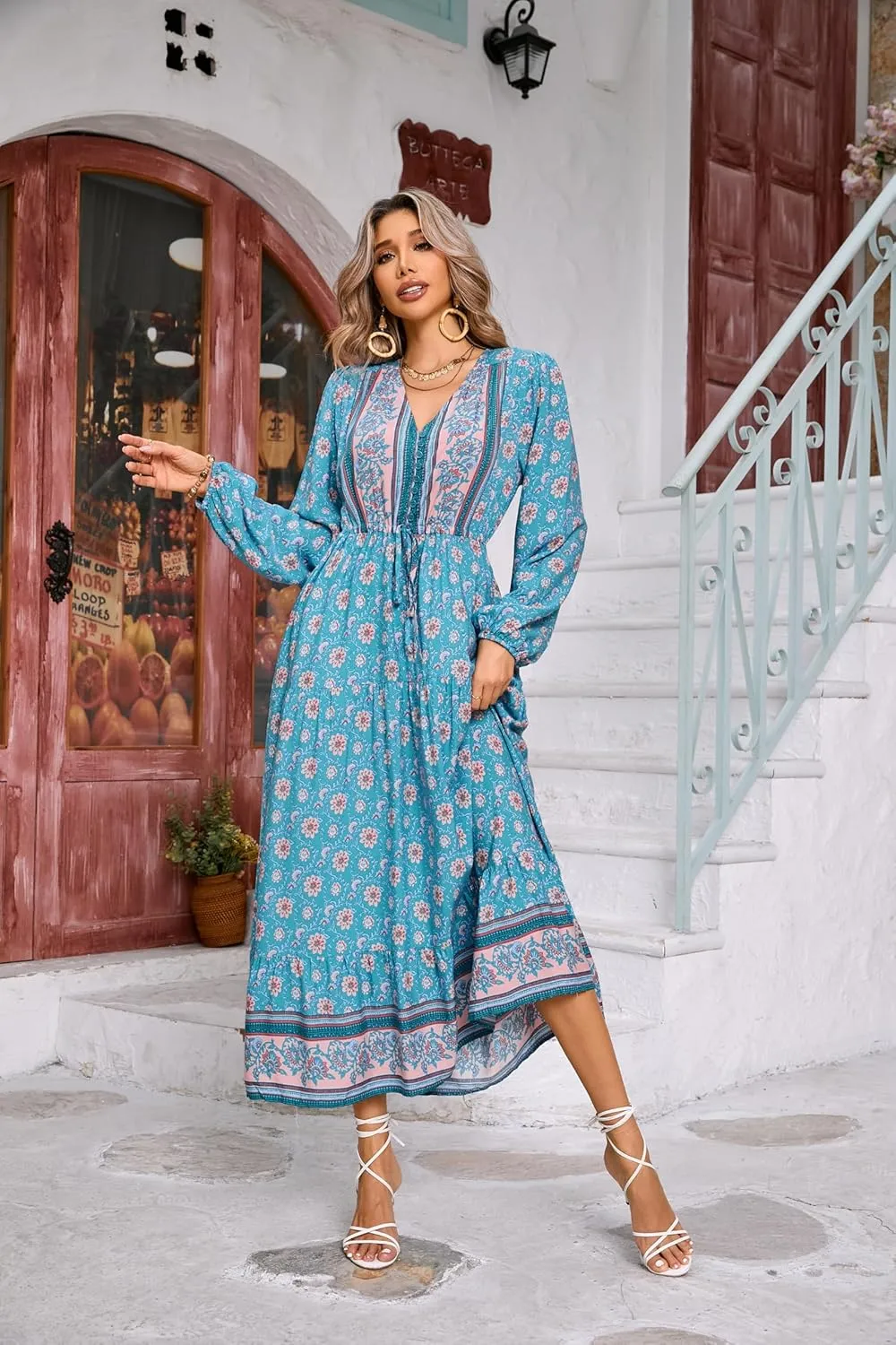 R.Vivimos Women's Long Sleeve Cotton V-Neck Button Up Floral Print Boho Flowy Midi Dresses