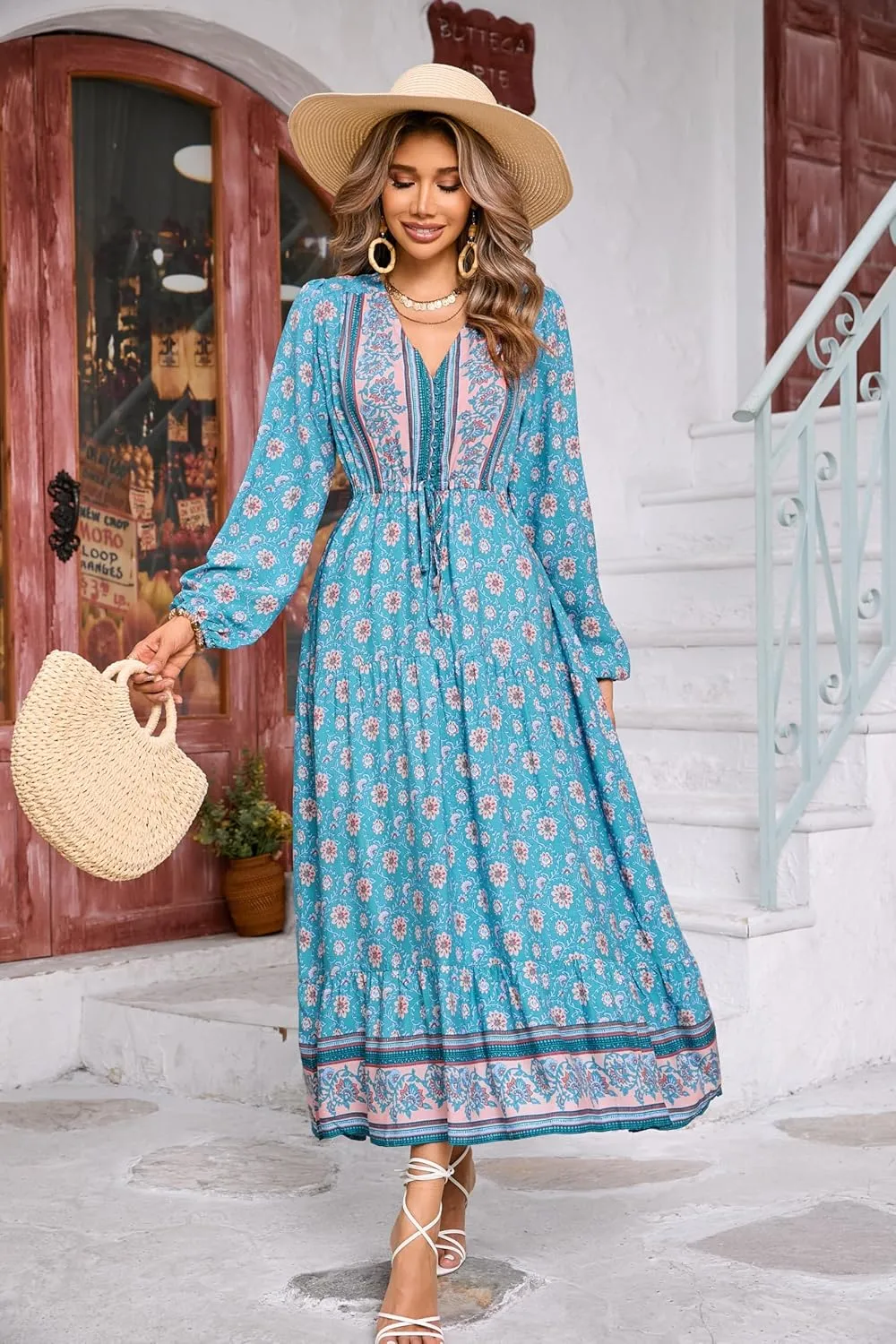 R.Vivimos Women's Long Sleeve Cotton V-Neck Button Up Floral Print Boho Flowy Midi Dresses