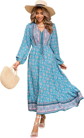 R.Vivimos Women's Long Sleeve Cotton V-Neck Button Up Floral Print Boho Flowy Midi Dresses