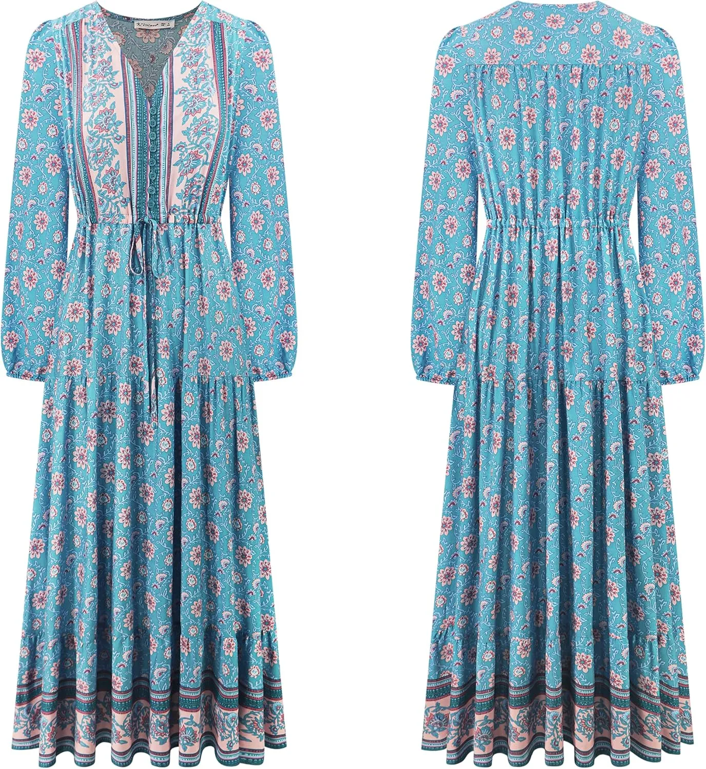 R.Vivimos Women's Long Sleeve Cotton V-Neck Button Up Floral Print Boho Flowy Midi Dresses