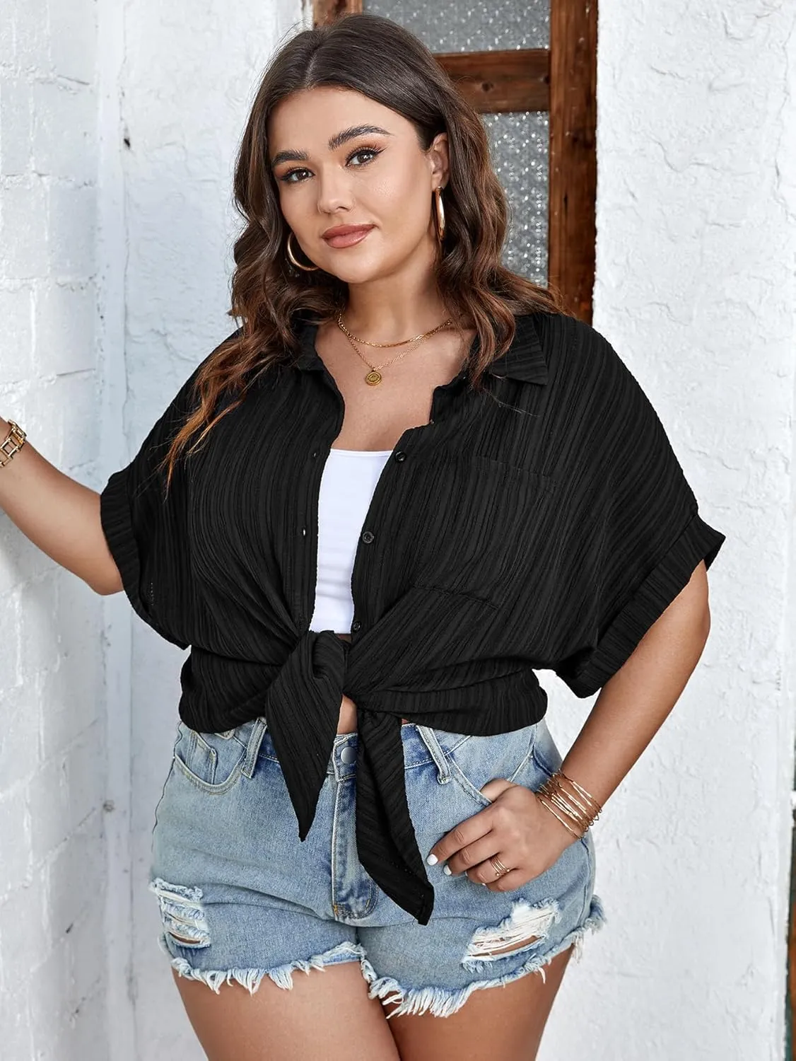 SCOMCHIC Women Plus Size Button Down Short Sleeve Shirts Collared Textured Summer Blouse Casual Tops with Pockets