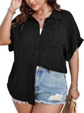 SCOMCHIC Women Plus Size Button Down Short Sleeve Shirts Collared Textured Summer Blouse Casual Tops with Pockets