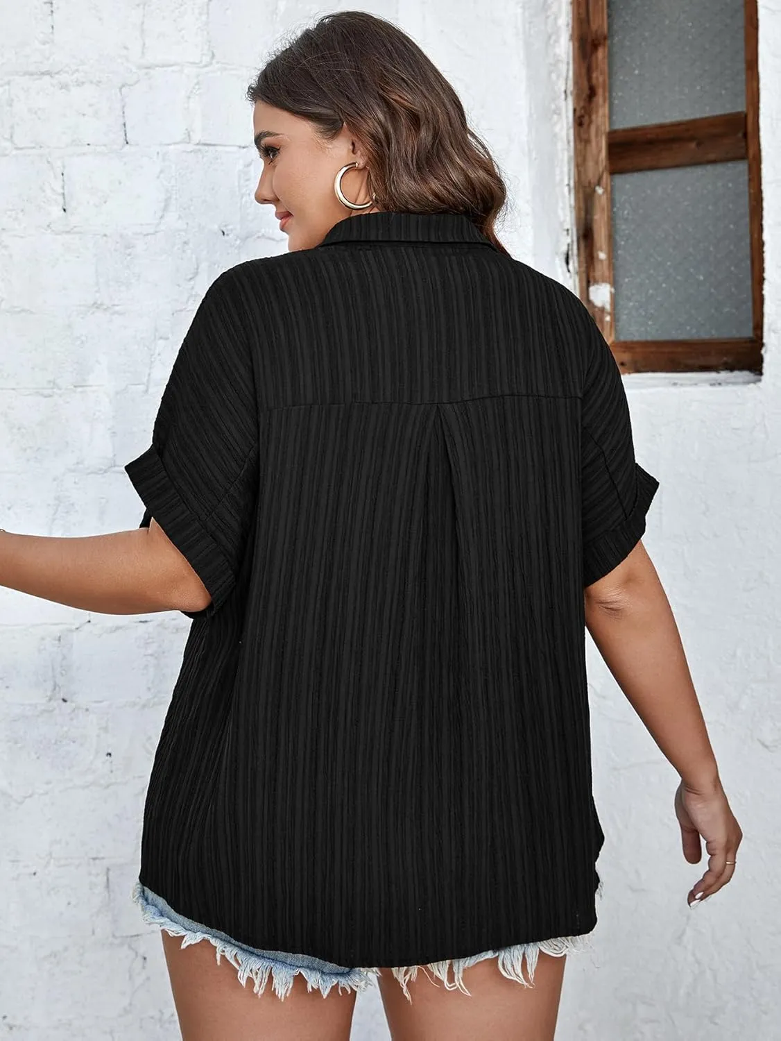 SCOMCHIC Women Plus Size Button Down Short Sleeve Shirts Collared Textured Summer Blouse Casual Tops with Pockets